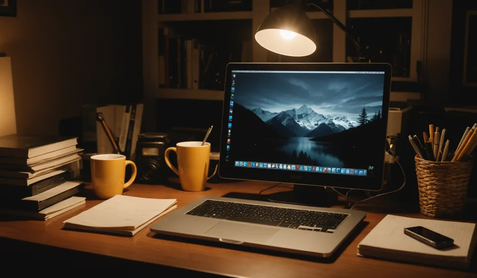 Independent seller at a desk late at night, dashboard glowing